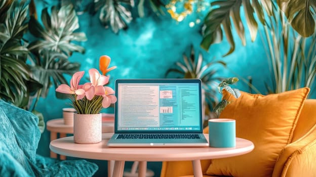 A bright workspace features a laptop displaying documents alongside stylish plants and decorative cushions. The inviting atmosphere encourages creativity and focus.