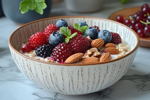 A nutritious bowl contains creamy oatmeal adorned with vibrant blueberries, raspberries, blackberries, and almonds, set on a marble countertop in a kitchen filled with greenery and natural light.