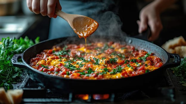 A person stirs a vibrant vegetable stew simmering in a skillet. Fresh herbs and colorful ingredients create a warm, inviting atmosphere in the kitchen.