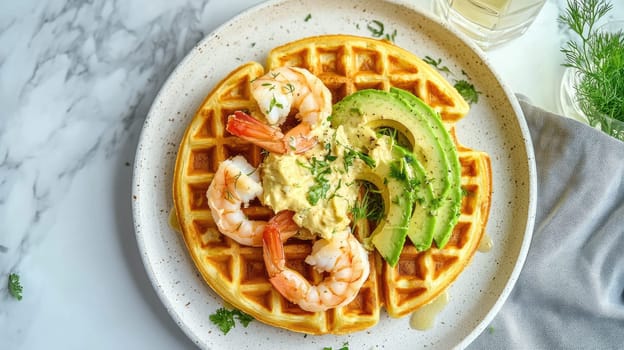 A beautifully presented dish showcases a golden waffle topped with succulent shrimp, creamy avocado slices, and a dollop of flavorful spread. Fresh herbs add a vibrant touch.