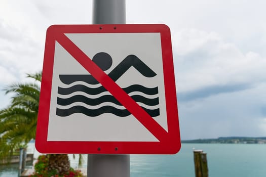 Sign indicating that swimming is prohibited in the harbor of Uberlingen on Lake Constance, Bodensee in Germany
