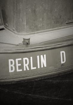 Detail of an old barge at Fischerinsel with the inscription of the home port of Berlin