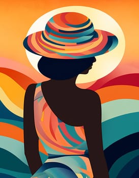 woman travel african girl vacation sand beautiful bikini hat retro black person tanned illustration american beige banner model concept beach young summer. Generative AI.