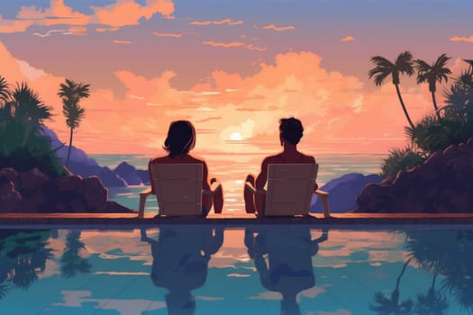 couple getaway person honeymoon sunset escape infinity vacation swimming ocean romantic tropical back travel retreat romance happy pool relax water. Generative AI.