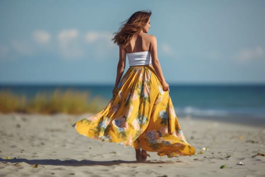 dress woman gypsy beach person yellow blue sun sea pretty beauty hippie style attractive lifestyle sky sunset fashion outfit summer beautiful. Generative AI.
