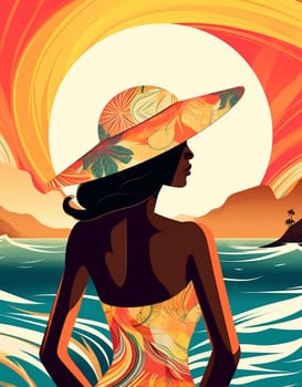 woman beauty black beach ocean holiday model glamour concept summer african tanned fashion hat american art cartoon young beige vacation bikini tropical. Generative AI.