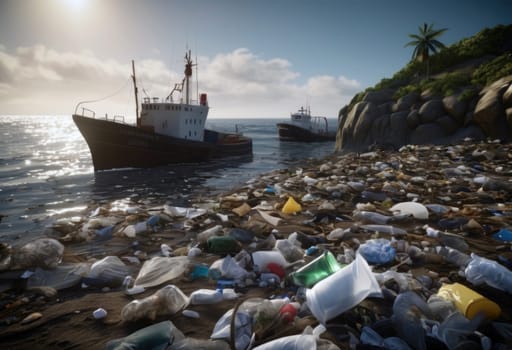 An environmental disaster on a beach. Garbage, plastic pollution, and discarded bottles . AI generation