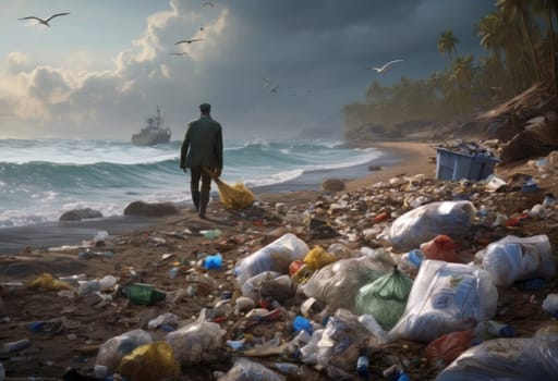 An environmental disaster on a beach. Garbage, plastic pollution, and discarded bottles . AI generation