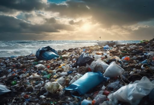 An environmental disaster on a beach. Garbage, plastic pollution, and discarded bottles . AI generation
