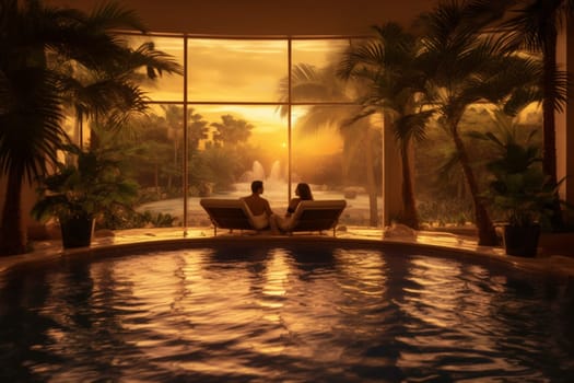 man wellness anniversary lovers honeymoon sunset hotel romantic vacation travel relax retreat back couple swimming patio happy island romance pool. Generative AI.