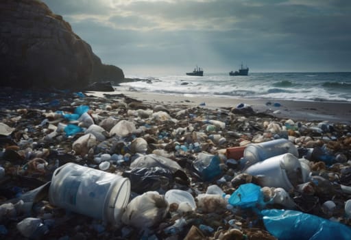 An environmental disaster on a beach. Garbage, plastic pollution, and discarded bottles . AI generation