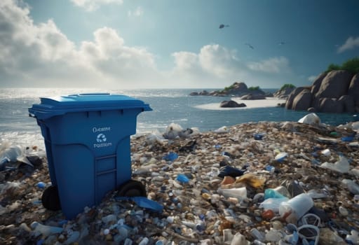 An environmental disaster on a beach. Garbage, plastic pollution, and discarded bottles . AI generation