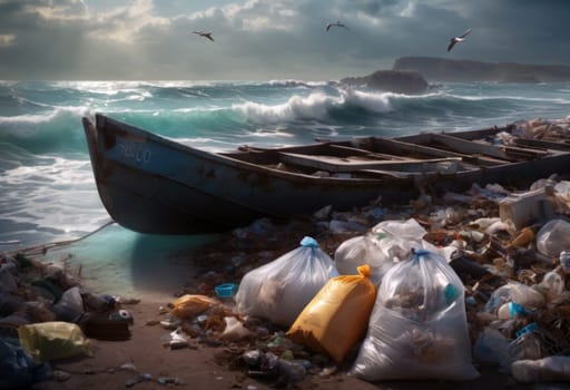 An environmental disaster on a beach. Garbage, plastic pollution, and discarded bottles . AI generation