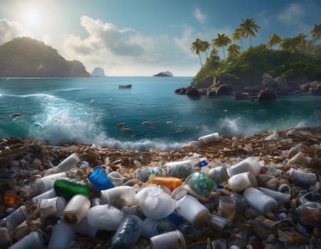 An environmental disaster on a beach. Garbage, plastic pollution, and discarded bottles . AI generation