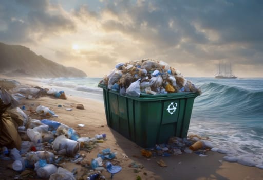 An environmental disaster on a beach. Garbage, plastic pollution, and discarded bottles . AI generation