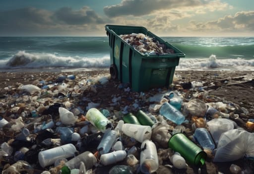 An environmental disaster on a beach. Garbage, plastic pollution, and discarded bottles . AI generation