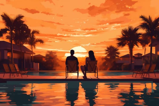 sun relax water travel infinity pool swimming resort honeymoon jungle getaway romance wellness vacation back romantic sunset couple happy island. Generative AI.