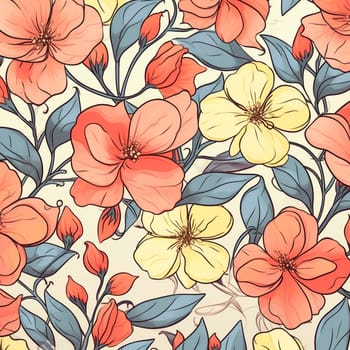 retro colorful summer background flower bouquet drawing nature blue art wallpaper blossom beauty spring fabric leaf textile bloom illustration pattern. Generative AI.