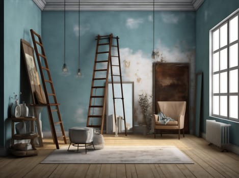 artistic paint workspace craft studio beautiful drawing abstract tool blue work workshop art stairs skill wood creative artist design happy. Generative AI.