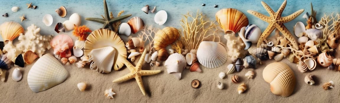 sand concept sale holiday shell nature island card summer marin banner background tropical water sea ocean coral landscape beach starfish. Generative AI.