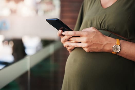Hands, phone and pregnant woman typing in home, reading email notification and social media. Pregnancy, smartphone and closeup of mother on internet search for baby news, scroll website or mobile app.