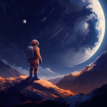 Astronaut on an unidentifiable planet and looking out, an astrology concept