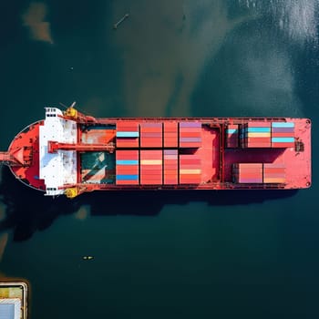 Aerial view to cargo ship with a colorful containers on the open sea, transportation concept