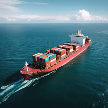 Aerial view to cargo ship with a colorful containers on the open sea, transportation concept