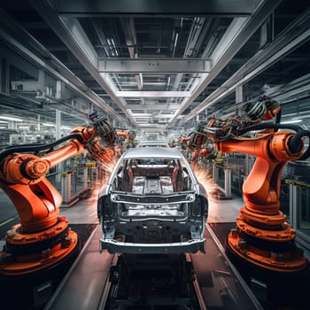 Automotive industry, robotic arms production new modern car, industrial concept