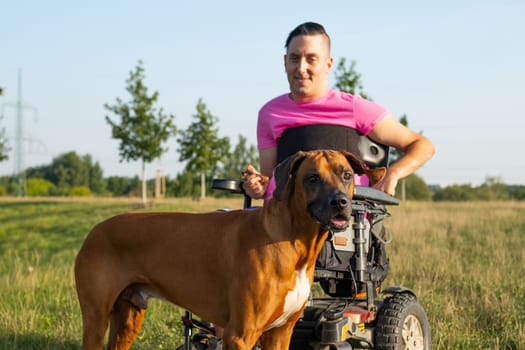 Man with disability in wheelchair and his service dog at the garden.