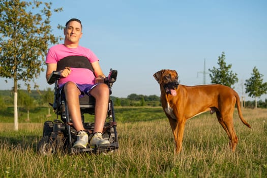 Portrait of disabled man in a dark wheelchair with a back injury enjoys playful moments with his pet dog in a sunny meadow