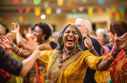 Big Family Celebrating Diwali Indian Family elderly in Traditional Clothes Gathered Together dancing having fun. Indian Moment of Happiness on a Hindu Holiday Party