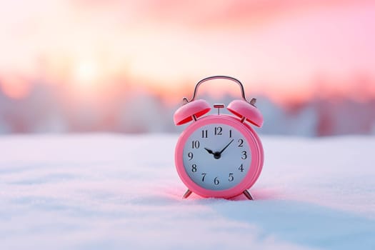 Alarm clock on the background of a winter landscape. Transition to winter time. The concept of Christmas.