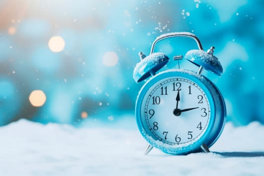 Alarm clock on the background of a winter landscape. Transition to winter time. The concept of Christmas.