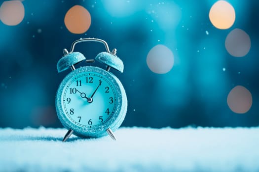 Alarm clock on the background of a winter landscape. Transition to winter time. The concept of Christmas.