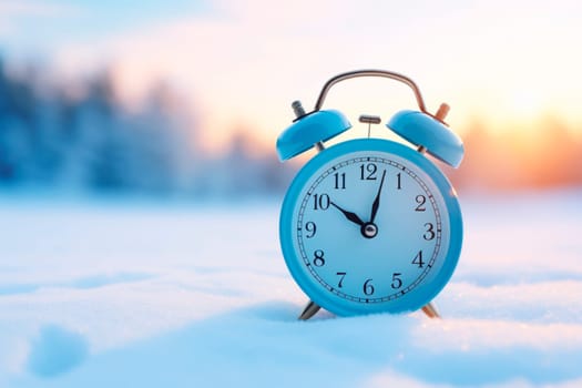 Alarm clock on the background of a winter landscape. Transition to winter time. The concept of Christmas.