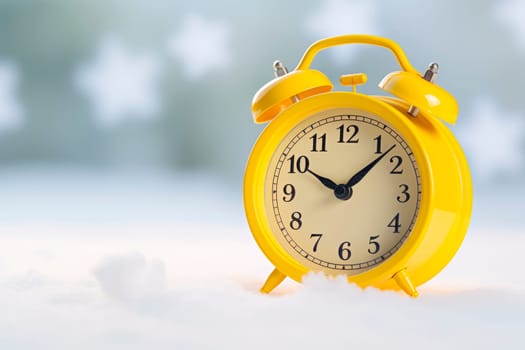 Alarm clock on the background of a winter landscape. Transition to winter time. The concept of Christmas.