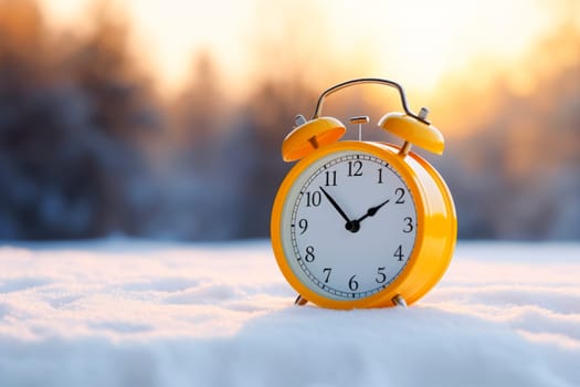 Alarm clock on the background of a winter landscape. Transition to winter time. The concept of Christmas.