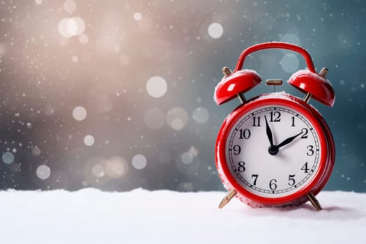 Alarm clock on the background of a winter landscape. Transition to winter time. The concept of Christmas.