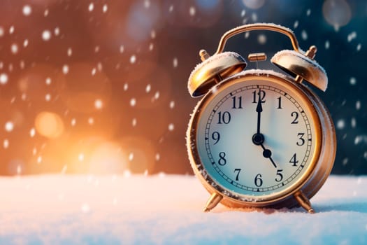 Alarm clock on the background of a winter landscape. Transition to winter time. The concept of Christmas.