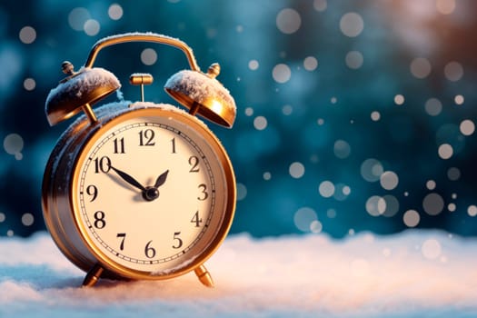 Alarm clock on the background of a winter landscape. Transition to winter time. The concept of Christmas.