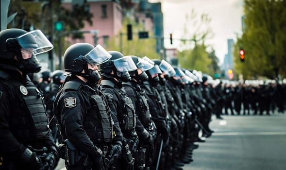 Group riot police with protective gear and shields standing on the streets by protest. demonstration police