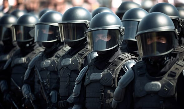 Group riot police with protective gear and shields standing on the streets by protest. demonstration police