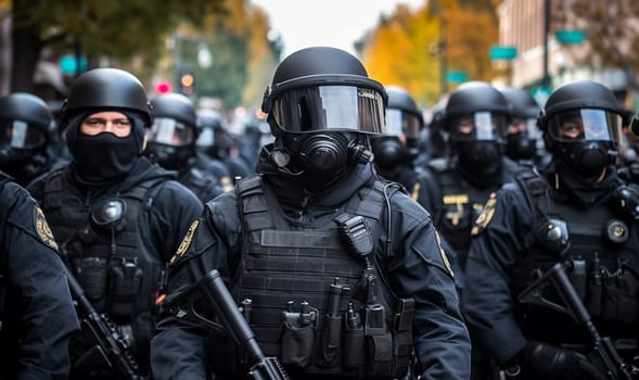 Group riot police with protective gear and shields standing on the streets by protest. demonstration police