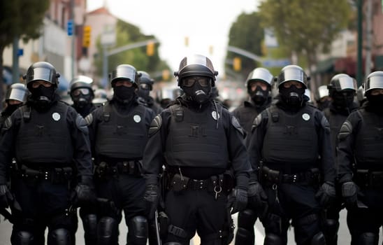 Group riot police with protective gear and shields standing on the streets by protest. demonstration police