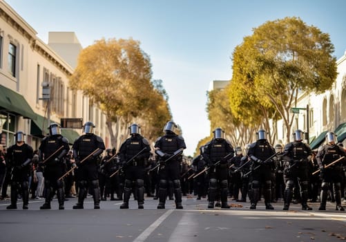 Group riot police with protective gear and shields standing on the streets by protest. demonstration police