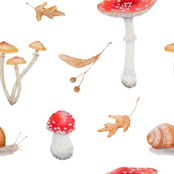 Seamless pattern with Red fly agaric, dry leaves, linden seeds, snail, poisonous mushroom. Galerina marginata, Amanita muscaria . Watercolor hand drawn realistic illustration for paper, textile