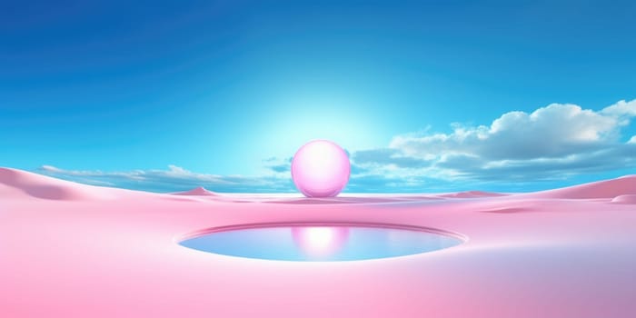 3d rendering abstract fantasy background. Surreal fantastic landscape. Blue sky, white fluffy clouds, neon round linear frame, calm water, pink sand dunes. Virtual reality paradise wallpaper. Generative AI image weber.