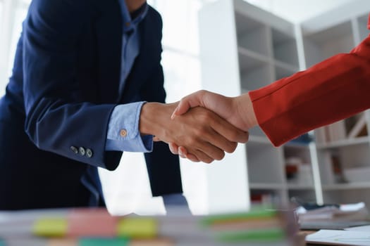 Handshake, contract deal and business partnership of meeting with shaking hands. Networking, hiring and professional negotiation of onboarding collaboration and congratulations of project.