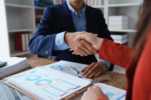 Handshake, contract deal and business partnership of meeting with shaking hands. Networking, hiring and professional negotiation of onboarding collaboration and congratulations of project.